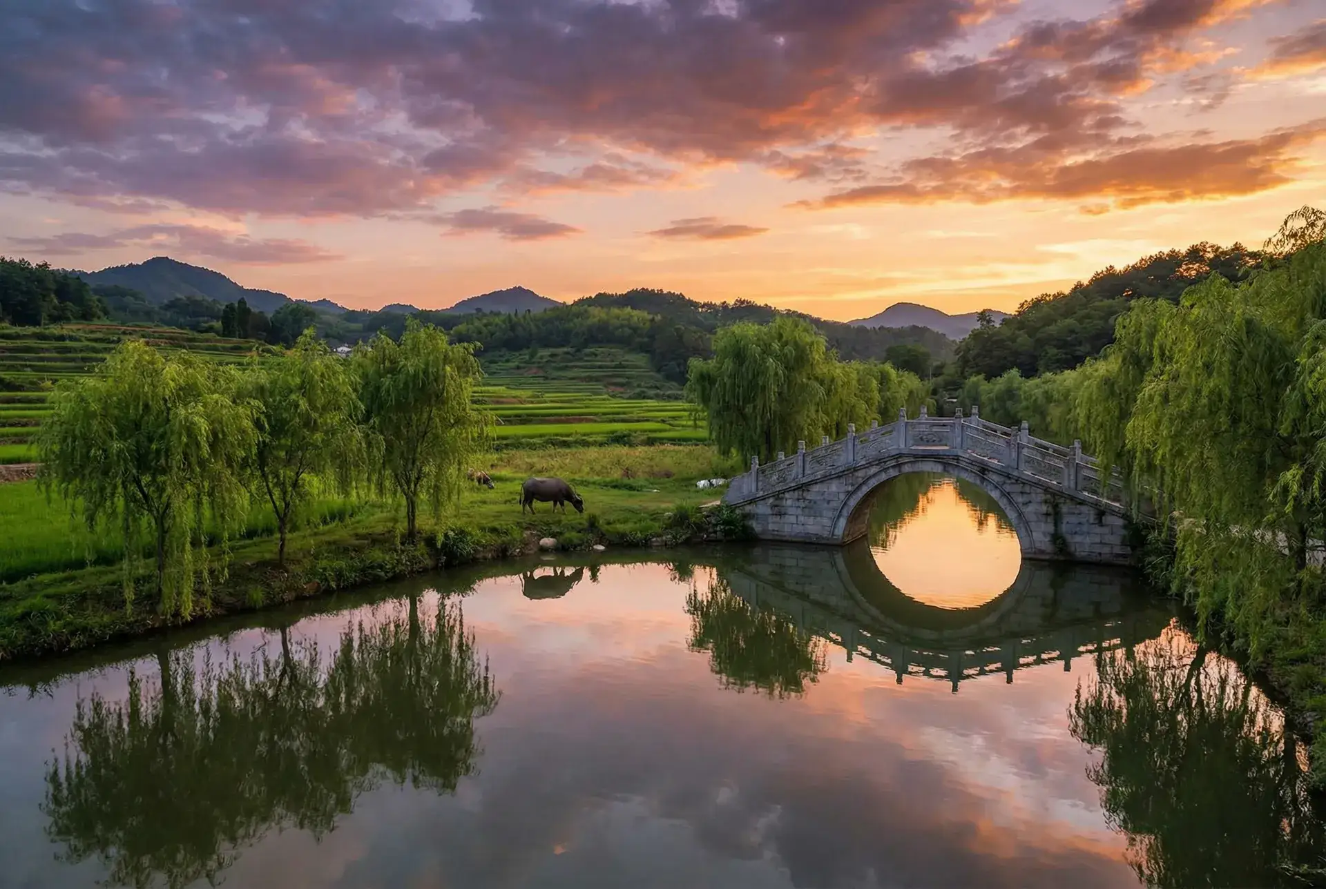 夕阳下的石拱桥与垂柳，水牛在河边吃草 - 王思聪签约孙一宁 乡村美景